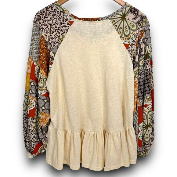 Umgee Mixed Print Balloon Sleeve Babydoll Blouse Top Boho Lightweight Size Small - Picture 5 of 9